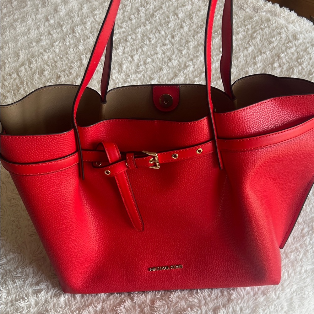 Michael Kors Emilia Bright Red Pebbled Leather Tote with Belt Accent